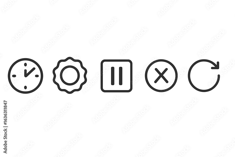 Poster set of five simple line icons representing time, settings, pause, cancel, and restart in a modern de