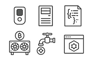 Icons representing cryptocurrency mining, documentation, and software development tools for efficient operations in technology