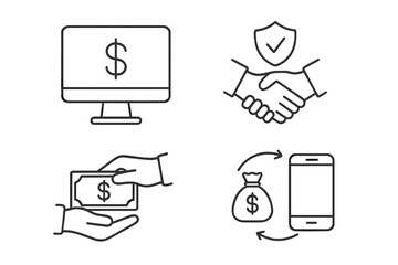 Digital financial transactions and security illustrated through various symbols and icons in a modern design