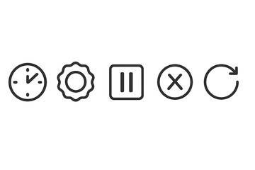 Set of five simple line icons representing time, settings, pause, cancel, and restart in a modern design