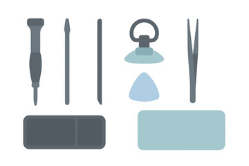 Tools for electronics repair layout including screwdrivers, suction cup, and tweezers on a light background
