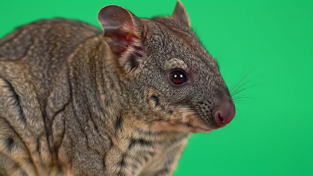 Adorable Small Marsupial with Brown Fur and Whiskers, Close-up Portrait on a Vivid Green Screen Background, Studio Shot for Chroma Key Compositing