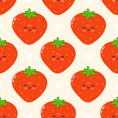 A cheerful seamless pattern featuring adorable, smiling strawberries and hearts.