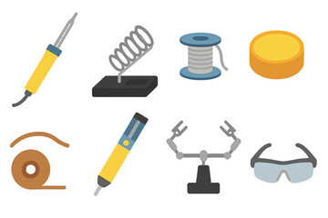 Soldering tools and accessories for electronics work bench setup in a workshop environment