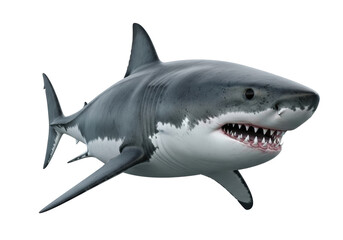 Fototapeta premium Powerful great white shark, sleek and muscular, with razor-sharp teeth and dark eyes, swimming forward with open mouth, isolated on a transparent background with copy space, ultra photorealistic CGI,