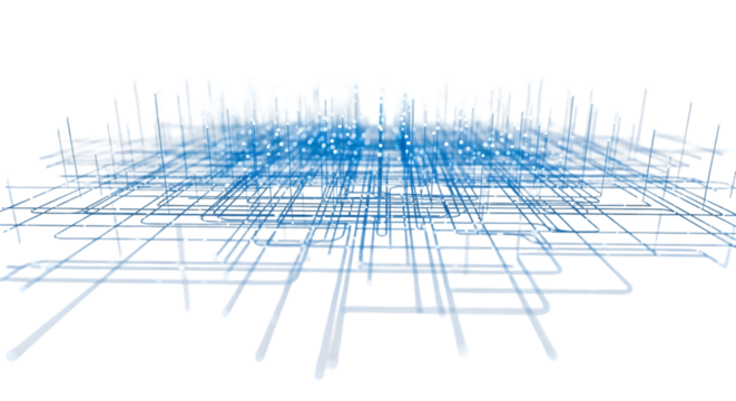Minimalistic scatter plot with bright blue dots and connecting trend line, isolated on white background.