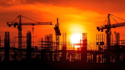 Silhouette of a construction site at sunset.