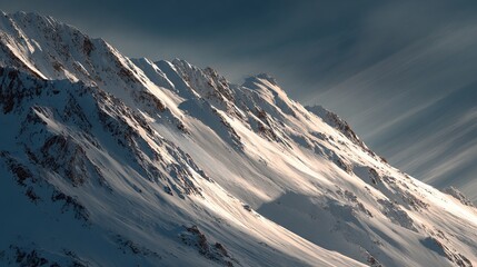 Snow-covered jagged peaks lit by golden sunlight with streaked clouds above