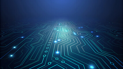 Abstract glowing blue and green digital circuit board pathways with illuminated nodes representing data flow and technological advancement