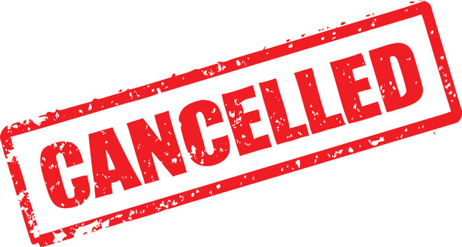 Angled Red CANCELLED Rubber Stamp on White Background with Distressed Texture and Bold Letters