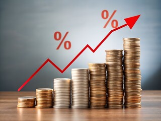 Rising stacks of coins with percentage sign and upward arrow, financial growth