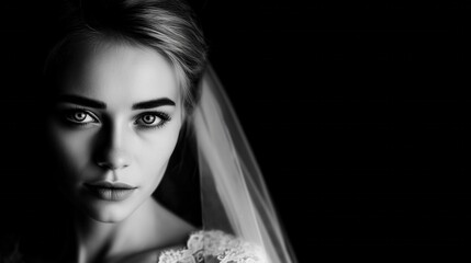 Black and white portrait of a young woman in a lace-trimmed wedding dress with a partial veil