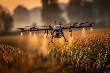 A high-tech agricultural drone flying above a vast corn field, spraying crops with precision.