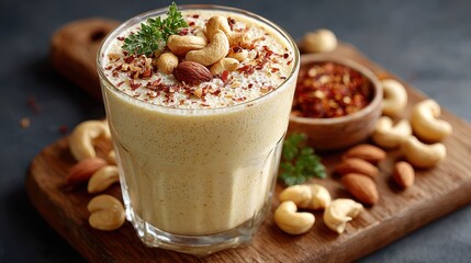 Cashew Almond Smoothie with Chili Flakes and Parsley on Wooden Board