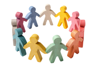 Colorful wooden people holding hands in a circle isolated on transparent background team group community unity connection support friendship