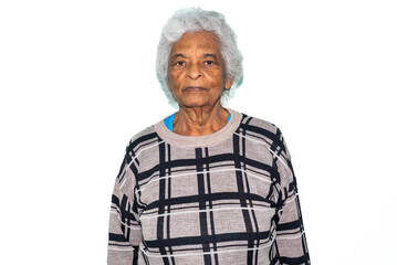 Passport-Style Portrait of Serious Afro Elderly Woman in Studio with White Background