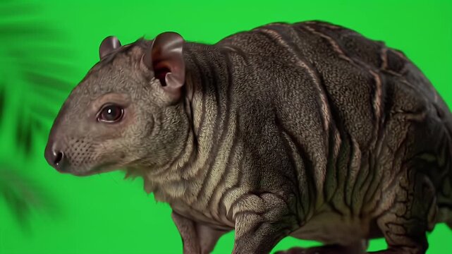 Close-up of a fascinating striped mammal, resembling a pacarana, on a bright green studio background