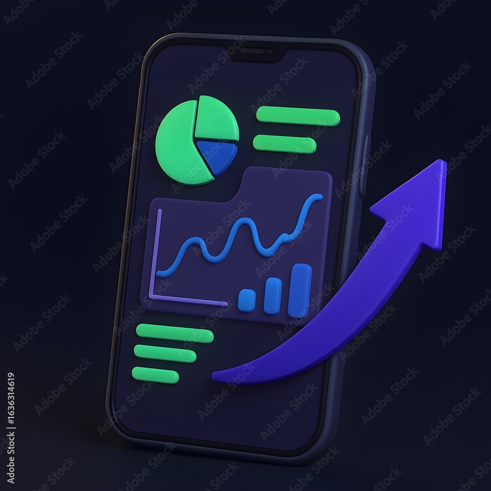 Aufkleber mobile data dashboard with charts and upward arrow symbolizing growth.