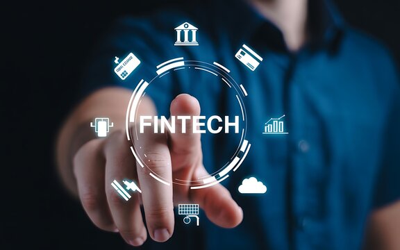 Person touching fintech digital interface with financial icons technology finance