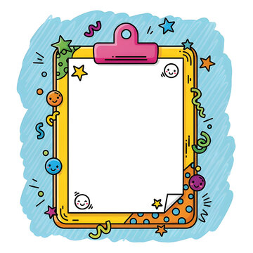 Cute and colorful hand-drawn style clipboard with a blank page for text. Surrounded by whimsical doodle elements like stars, smileys, and swirls