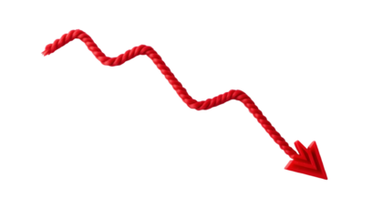 Simple red line graph going downward with arrow tip, isolated on white background.