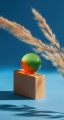 A multi-colored sphere sits atop a light brown block, with tan grasses
