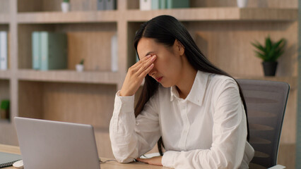Unhealthy sick depressed sad Korean Asian businesswoman office worker Japanese manager secretary...
