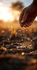 A hand gently scattering seeds onto rich soil at sunset