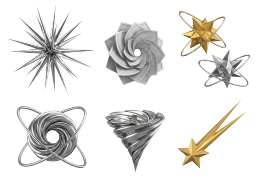 Six abstract 3D metallic shapes, including a chrome starburst, silver flower, gold and silver orbiting stars, reflective vortex, and brass falling star, floating on a transparent studio background