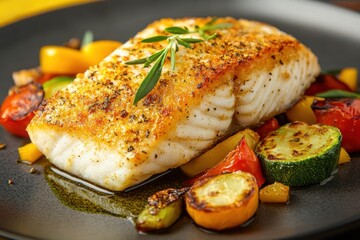 A fillet of fish with grilled vegetables on a plate