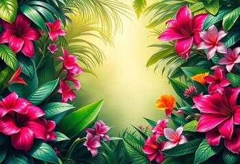 Lush tropical jungle plants and vibrant flowers form a vibrant border, edge, spring