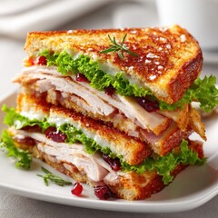 Stacked Turkey Sandwich with Cranberry Sauce and Lettuce on Grilled Bread