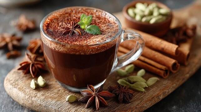 Aromatic Masala Chai Tea with Spices on Wooden Board, Close-up View