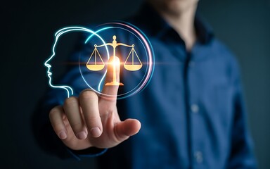 Person touching glowing scales of justice and human head outline finger hand