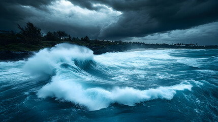 Obraz premium Ocean wave crashing on a rocky shore under a stormy sky.