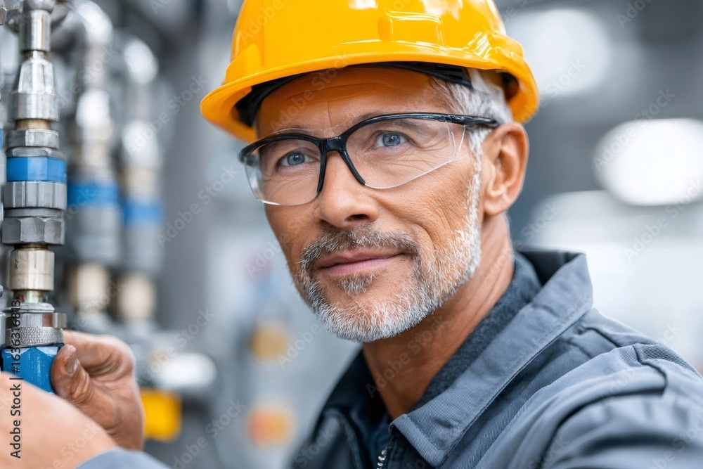 Poster industrial engineer working on a pipeline system in a factory