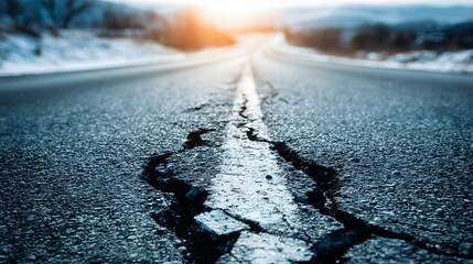 Close-up view of a cracked asphalt road.