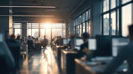 Golden Hour Sunlight Floods a Modern Office Silhouetting Busy Workers.