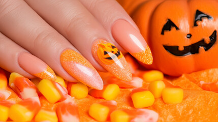 Halloween Pumpkin Nail Art with Candy Corn on Orange Theme Background