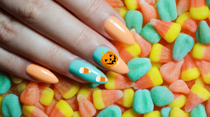 Colorful Halloween Candy Nail Art with Pumpkin and Candy Corn Design