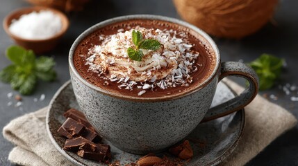 Hot Chocolate with Whipped Cream, Coconut Flakes and Mint Garnish