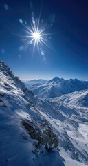 Winter sun blazes over snow-capped alpine peaks