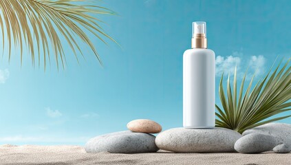 White lotion bottle on beach stones, tropical setting