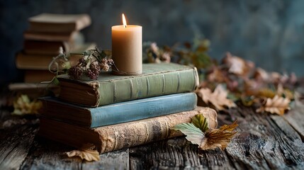 Stacked old books with a burning candle on a rustic wooden table for halloween