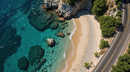 Coastal Beach with Rocky Shoreline and Coastal Highway