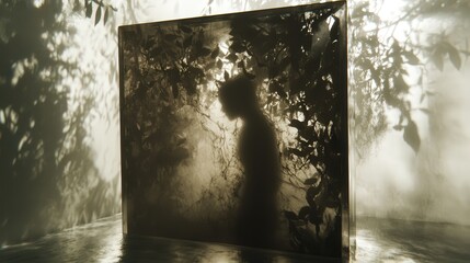 Mysterious silhouette of human figure encapsulated in clear block with organic shapes