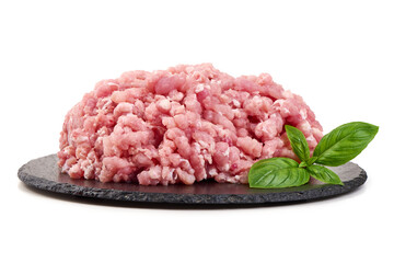 Ground Pork with Basil on Black Plate, isolated on white background