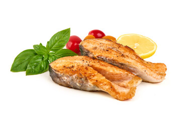 Grilled Salmon Fillets with Cherry Tomatoes and Basil, isolated on white background