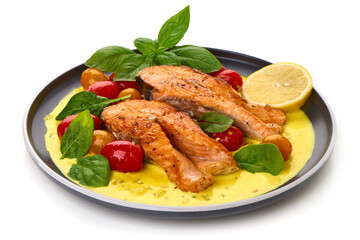 Grilled Salmon Fillets with Cherry Tomatoes and Basil, isolated on white background.