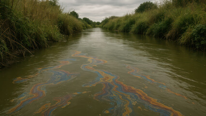 Polluted Waterway: Stagnant River Marred by Colorful Oil Sheen Amidst Lush Green Banks and Overcast Sky